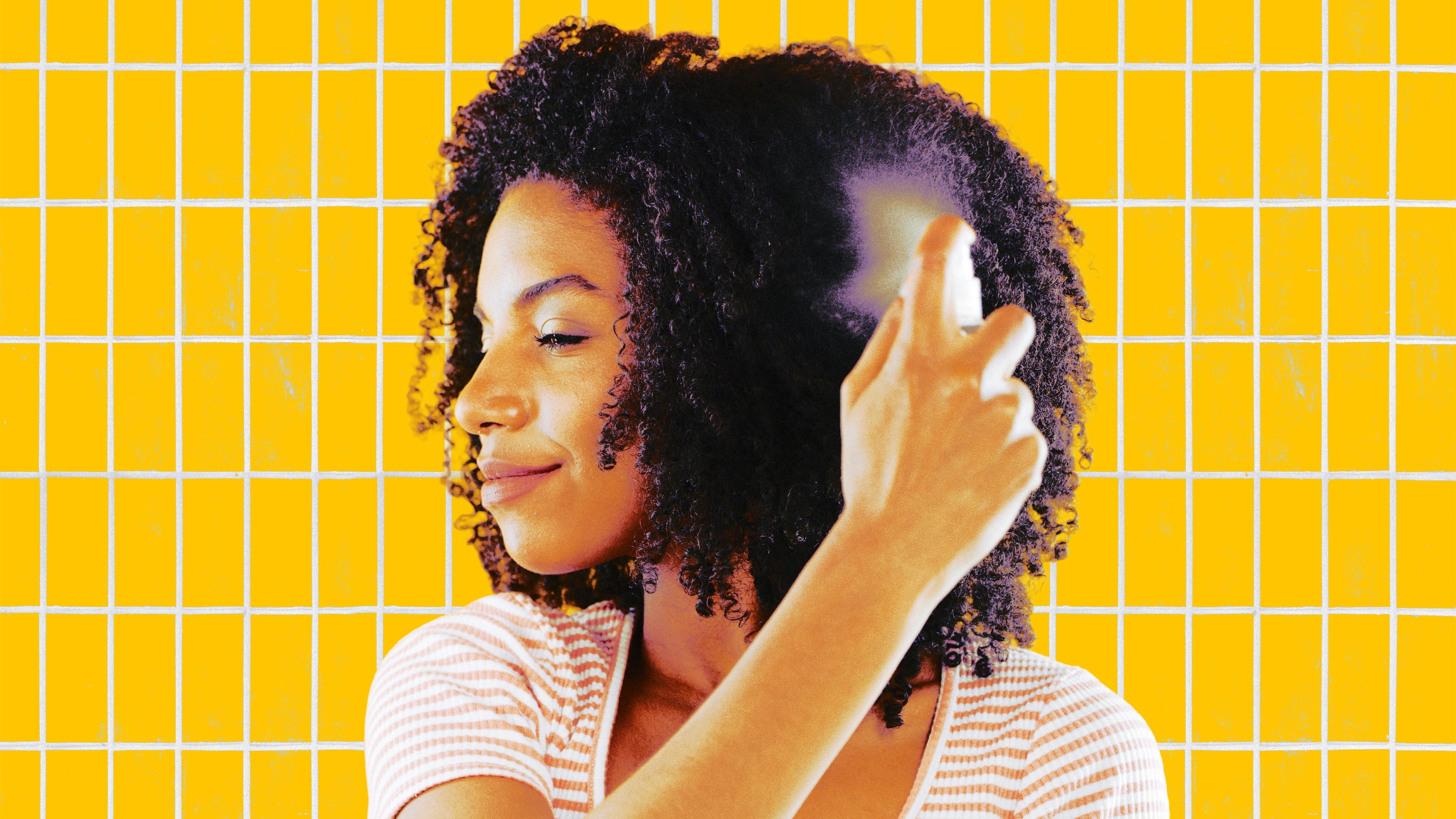 A photo illustration of a woman using hairspray.