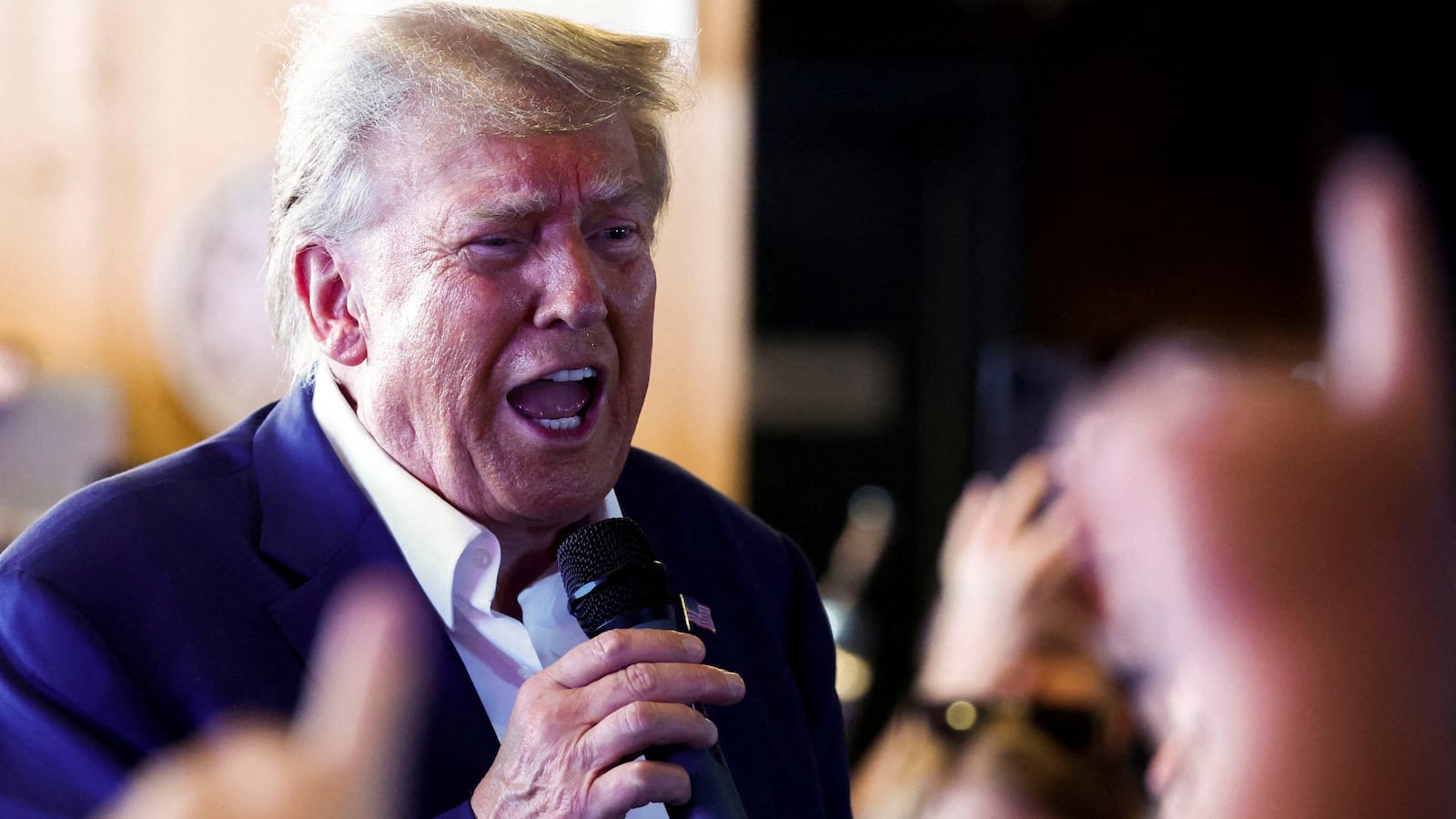 Donald Trump holding a microphone.