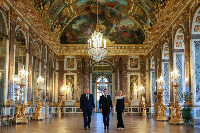 U.S. President Donald Trump receives a tour of Chateau de Versailles from President of France Emmanuel Macron and his wife Brigitte Macron ahead of a dinner, France, June 17, 2026.
