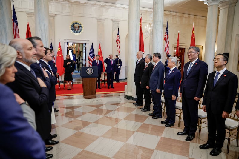 President Donald Trump, first lady Melania Trump and Chinese President Xi Jinping listen to national anthems before delivering remarks at the White House in Washington, D.C., September 24, 2026.