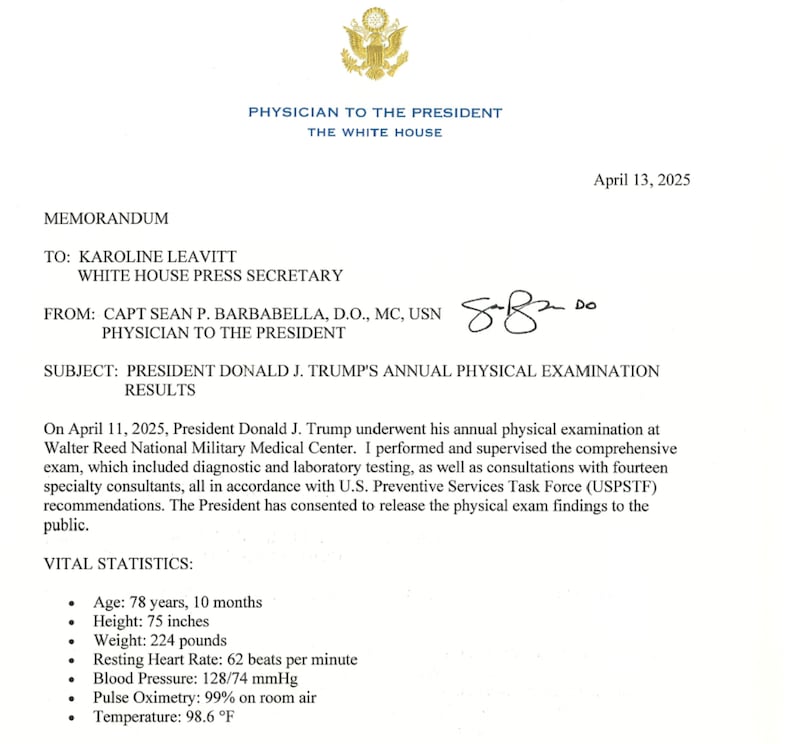 Donald Trump's health stats from April 2025.
