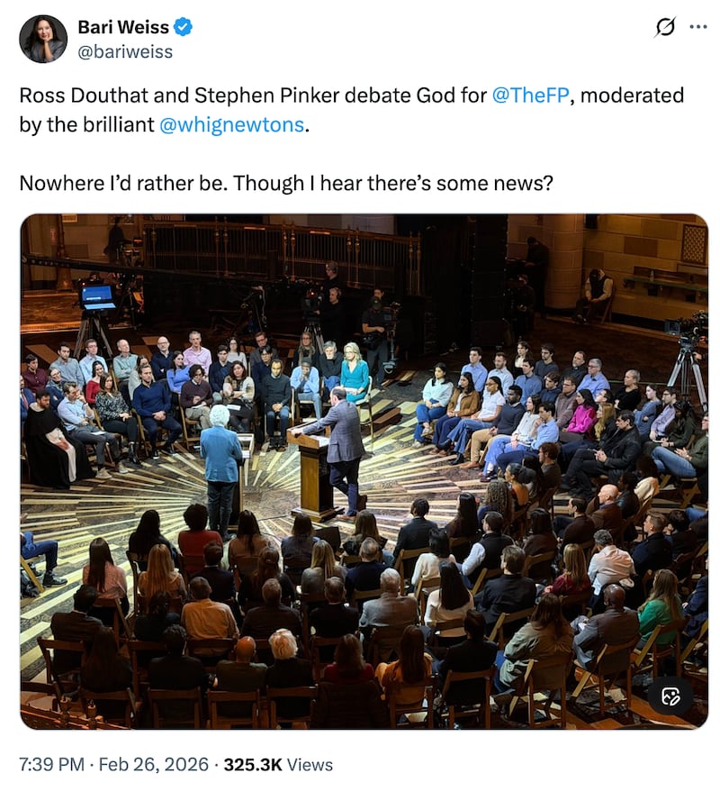Bari Weiss shares her view of—and thoughts—on a debate about religion her media company, The Free Press, hosted on Thursday.
