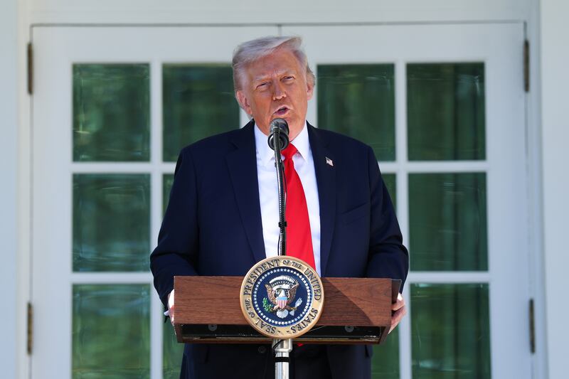 WASHINGTON, DC - OCTOBER 21: U.S. President Donald Trump delivers remarks during a luncheon in the Rose Garden of the White House on October 21, 2025 in Washington, DC. President Trump hosted the "Rose Garden Club" lunch with Senate Republicans as the federal government shutdown reaches its 21st day. (Photo by Anna Moneymaker/Getty Images)