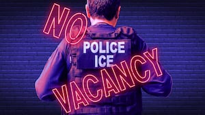 A photo illustration of a DHS ICE agent and a hotel No Vacancy neon sign.