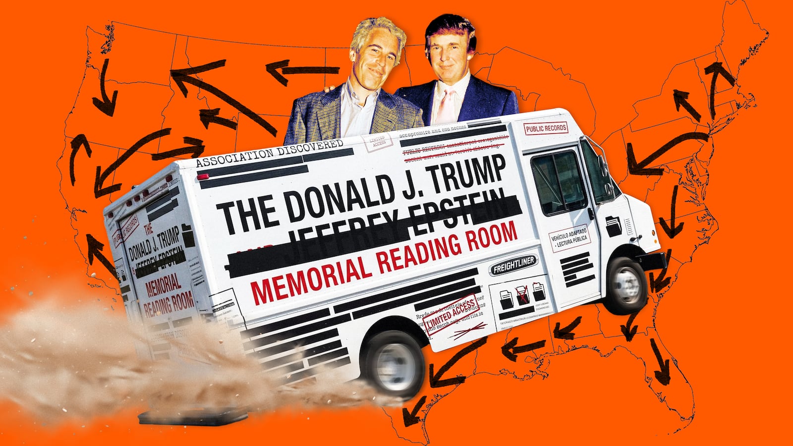 A photo illo illustration of Jeffrey Epstein, Donald Trump, and the Donald J. trump Jefferey Epstein Memorial Reading Room bookmobile truck.