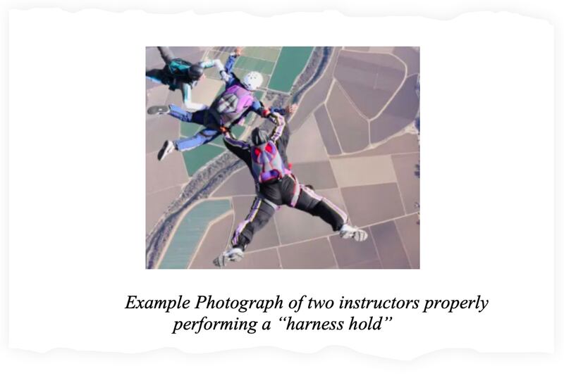 A snippet from the lawsuit filed by Rachel Germon’s mother, showing two instructors properly holding onto a freefall student’s harness.