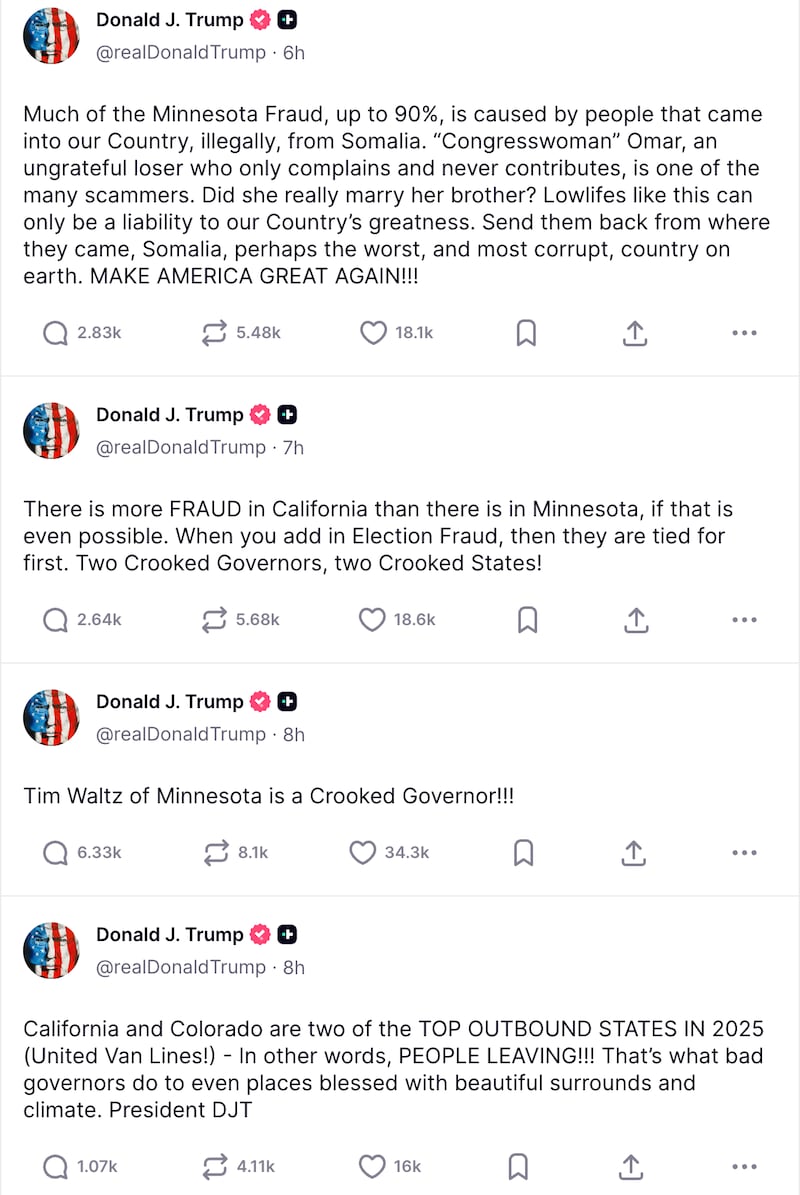 A quartet of rage posts from President Donald Trump on Wednesday morning.