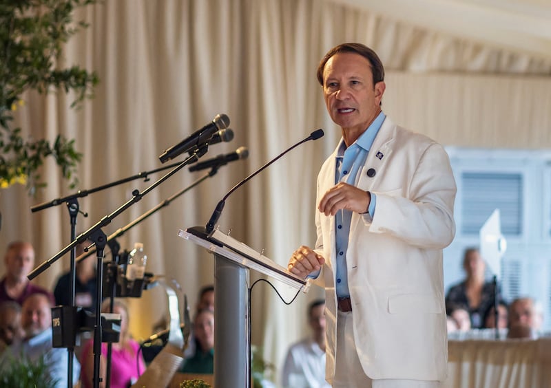 Louisiana Governor Jeff Landry speaks during a christening ceremony for the ECO Liberty at the Port of New Orleans in New Orleans, Louisiana, U.S., June 28, 2025.