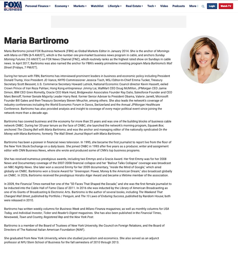 Bartiromo's page as of Aug. 16