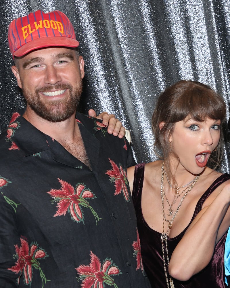 NEW YORK, NEW YORK - JUNE 13: (EXCLUSIVE COVERAGE) Travis Kelce and Taylor Swift pose backstage at the hit comedy "Oh, Mary!" on Broadway at The Lyceum Theatre on June 13, 2026 in New York City.  (Photo by Bruce Glikas/WireImage)