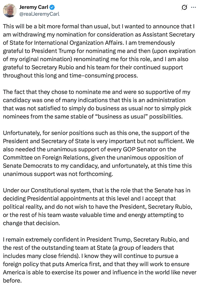 Jeremy Carl posts his withdrawal from a Trump role on X.