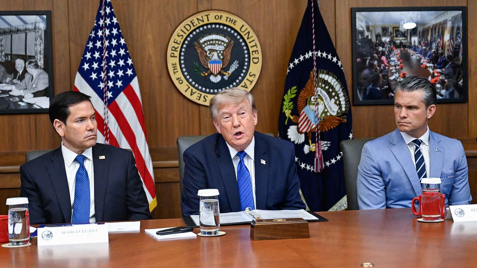 President Donald Trump, Secretary of State Marco Rubio, and Secretary of Defense Pete Hegseth participate in a cabinet meeting at Camp David in Thurmont, Maryland, on July 31, 2026.