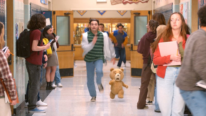 (l-r) Max Burkholder as John and Seth MacFarlane as voice of Ted.