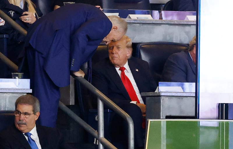 NEW YORK, NEW YORK - SEPTEMBER 11: U.S. President Donald Trump speaks to conservative commentator Bill O'Reilly at a game between the New York Yankees and Detroit Tigers at Yankees Stadium on September 11, 2025 in New York City. Trump will stay in New York at Trump Tower before heading to his golf club in Bedminster, New Jersey for the weekend. (Photo by Kevin Dietsch/Getty Images)