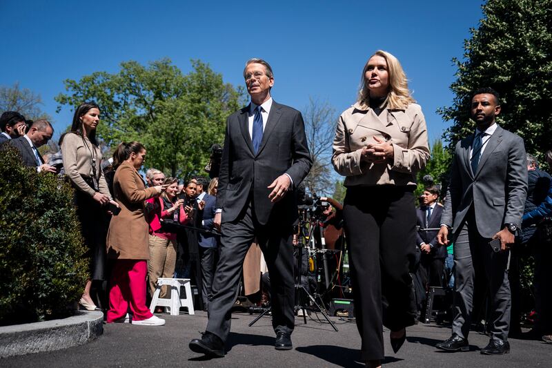 Treasury Secretary Scott Bessent, White House press secretary Karoline Leavitt and Principal Deputy Press Secretary Harrison Fields depart after Bessent spoke, moments after President Donald J Trump announced he is pausing tariffs for 90 days, outside the West Wing at the White House on Wednesday, April 09, 2025 in Washington, DC.