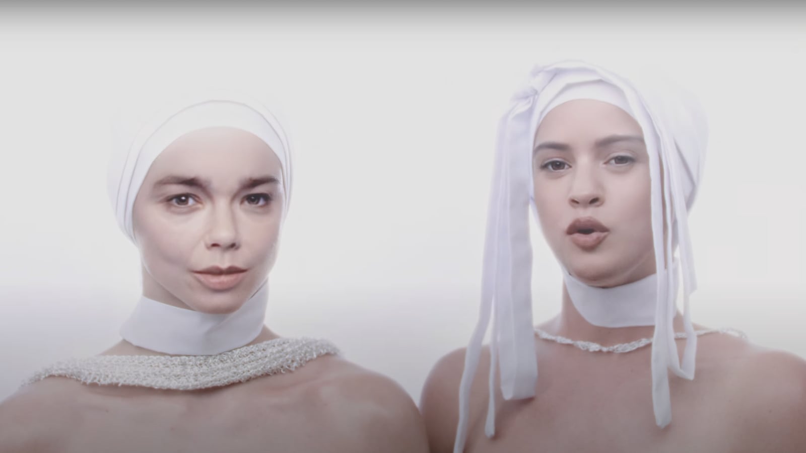 Björk and Rosalía in their "Oral" music video