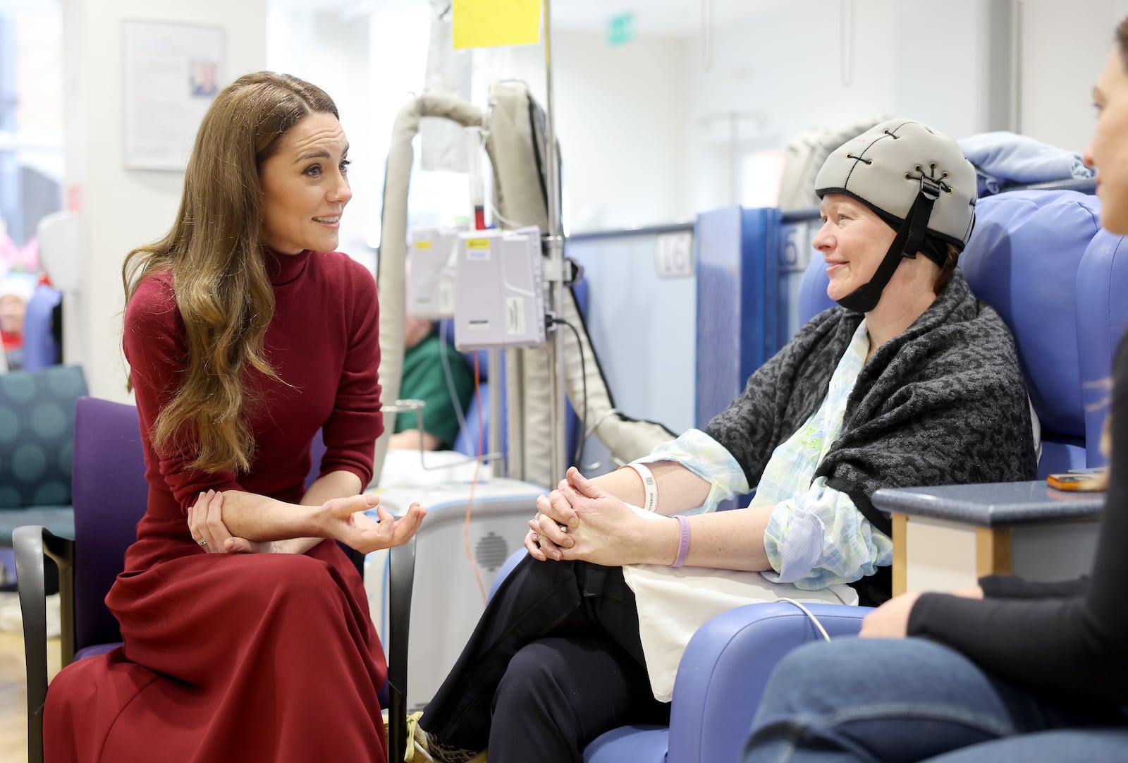 Catherine, Princess of Wales talks with Katherine Field during a visit to The Royal Marsden Hospital on January 14, 2025 in London, England. The Prince and Princess of Wales have today become Joint Patrons of The Royal Marsden NHS Foundation Trust following a visit by Her Royal Highness to the hospital’s Chelsea site. The Princess’ own personal cancer journey saw her receive treatment from The Royal Marsden. The Royal Marsden opened its doors in 1851 as the world’s first hospital dedicated to cancer diagnosis, treatment, research and education.