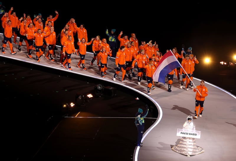 The Netherlands team walk to the stage during Opening Ceremony for the Milano Cortina 2026 Winter Olympics at the San Siro in Milan, Italy. Picture date: Friday February 6, 2026. (Photo by Fabrizio Carabelli/PA Images via Getty Images)