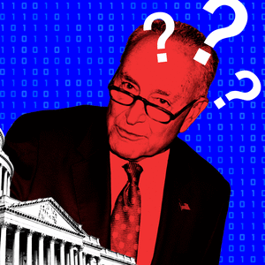 A photo illustration of Chuck Schumer behind congress with question marks floating above his head