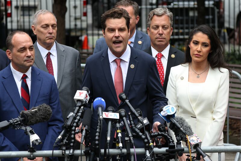 NEW YORK, NEW YORK - MAY 16: Rep. Matt Gaetz (R-FL) speaks alongside House Republicans during a press conference at Collect Pond Park outside of Manhattan Criminal Court during former U.S. President Donald Trump's hush money trial on May 16, 2024 in New York City. Michael Cohen, former U.S. President Donald Trump's former attorney, is taking the stand again today to continue his cross examination by the defense in the former president's hush money trial. Cohen's $130,000 payment to Stormy Daniels is tied to Trump's 34 felony counts of falsifying business records in the first of his criminal cases to go to trial. (Photo by Michael M. Santiago/Getty Images)