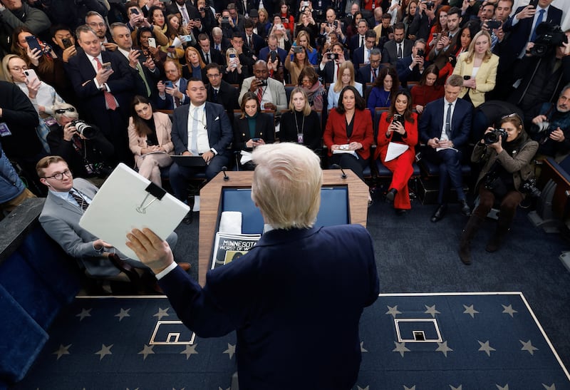 U.S. President Donald Trump speaks during a press briefing at the White House, on the one-year mark into his second term in office, in Washington, D.C., U.S., January 20, 2026.