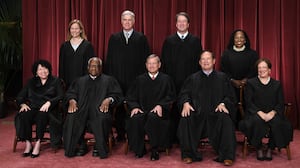 Justices of the US Supreme Court pose for their official photo at the Supreme Court in Washington, DC on October 7, 2022. (Seated from left) Associate Justice Sonia Sotomayor, Associate Justice Clarence Thomas, Chief Justice John Roberts, Associate Justice Samuel Alito and Associate Justice Elena Kagan, (Standing behind from left) Associate Justice Amy Coney Barrett, Associate Justice Neil Gorsuch, Associate Justice Brett Kavanaugh and Associate Justice Ketanji Brown Jackson. (Photo by OLIVIER DOULIERY / AFP) (Photo by OLIVIER DOULIERY/AFP via Getty Images)