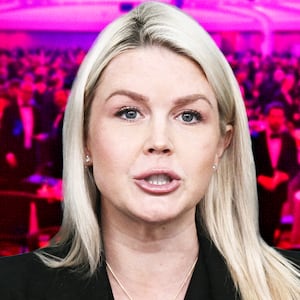 A photo composite illo of Karoline Leavitt and the WHCD dinner after the shooting.