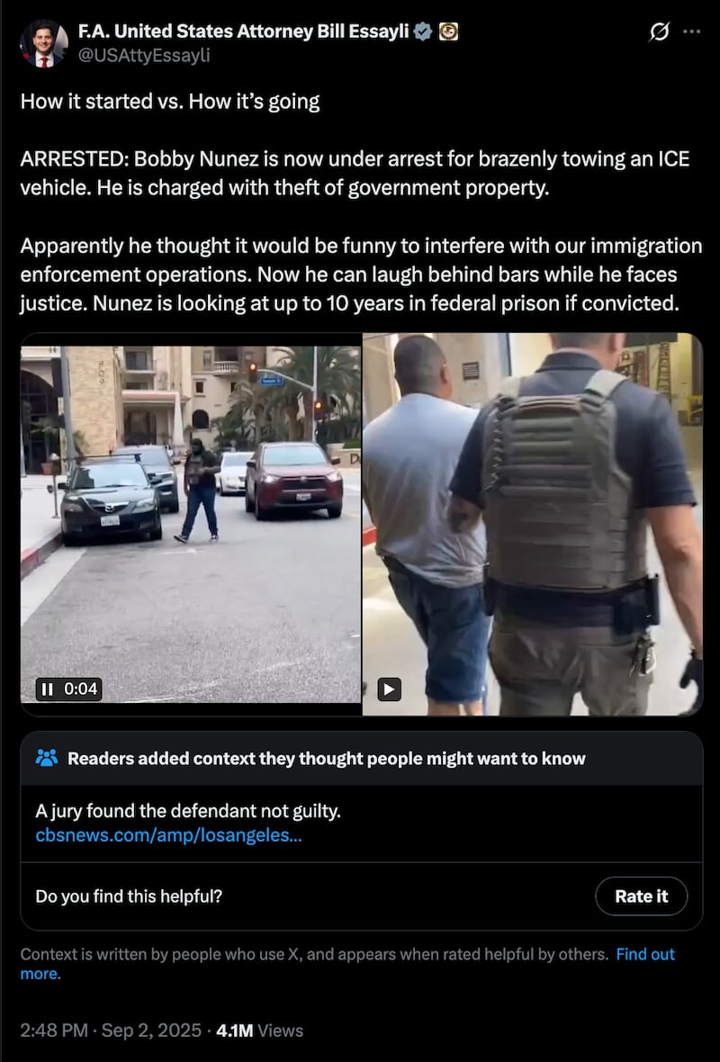 U.S. Attorney Bill Essayli's post about the case, which is now subject to an embarrassing Community Note.