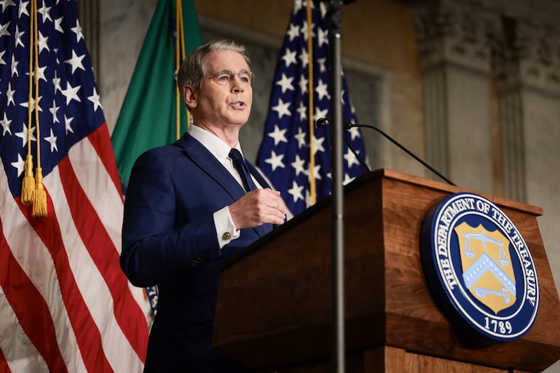 U.S. Treasury Secretary Scott Bessent speaks during a press conference to outline further sanctions against Iran, at the Treasury Department in Washington, D.C., U.S., August 24, 2026. REUTERS/Evelyn Hockstein