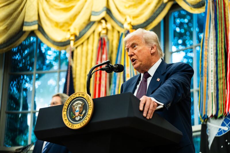 Donald Trump speaks during a meeting with CEO of Apple Tim Cook in the Oval Office of the White House on Wednesday August 6, 2025.