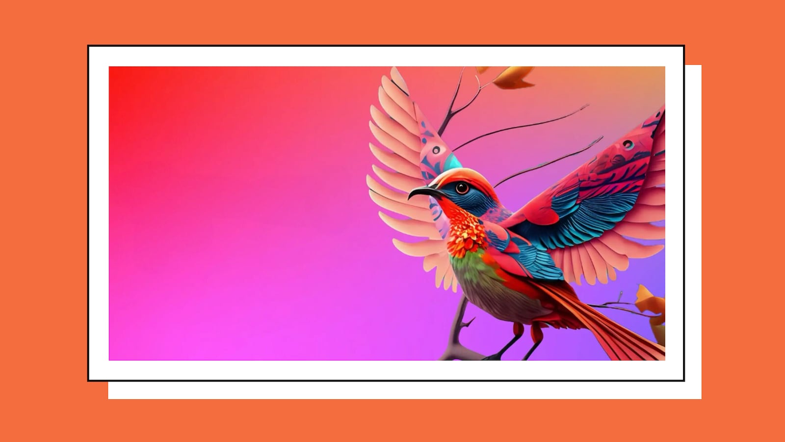Vibrant, multicolored bird with intricate wings soaring against a pink and purple gradient background.