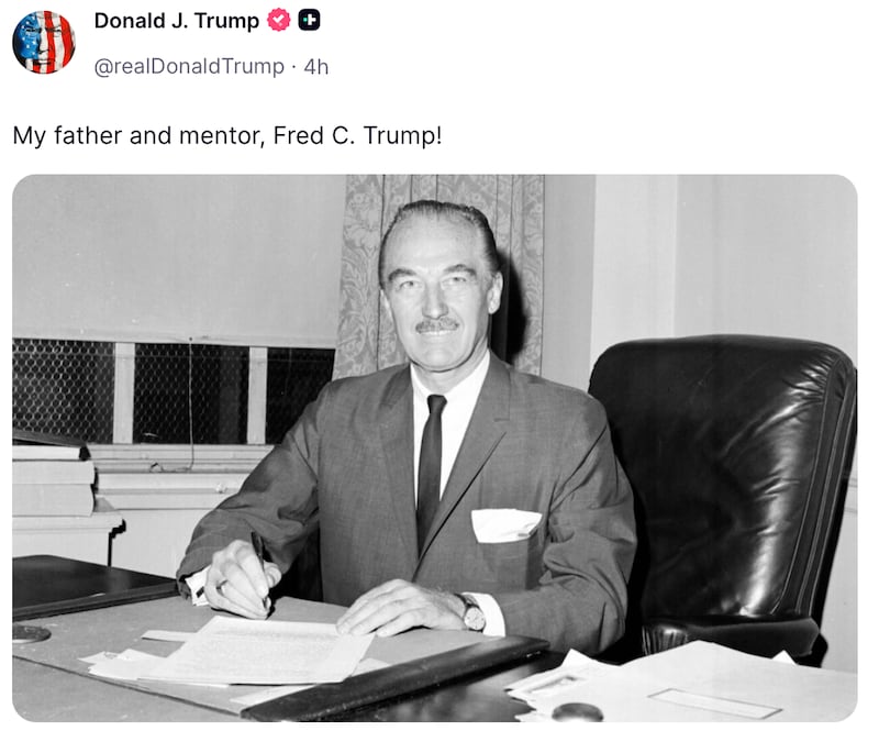 Donald Trump shares a photo of his father Fred on Truth Social.