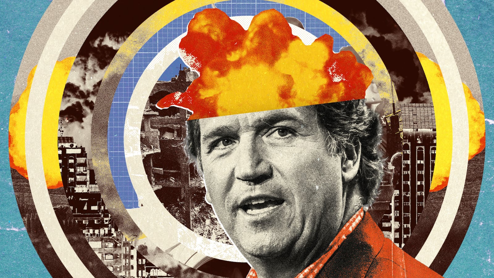 Photo illustration of Tucker Carlson with an explosion coming out of his head with concentric circles of scenes of the Israel-Palestine conflict on a blue paper background
