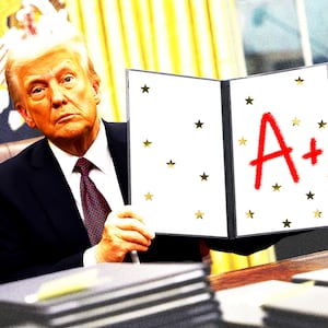 Donald Trump holding up a bifold paper with "A+" and gold stars on it