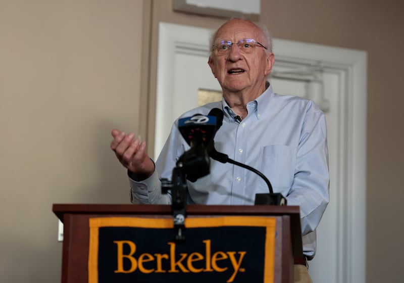 BERKELEY, CALIFORNIA - OCTOBER 07: John Clarke, an Emeritus Professor of Physics at the University of California, Berkeley, speaks during a celebration at UC Berkeley on October 07, 2025 in Berkeley, California. Physicists John Clarke, Michel H. Devoret, and John M. Martinis were awarded the 2025 Nobel Prize in Physics for their work on quantum tunneling. (Photo by Justin Sullivan/Getty Images)
