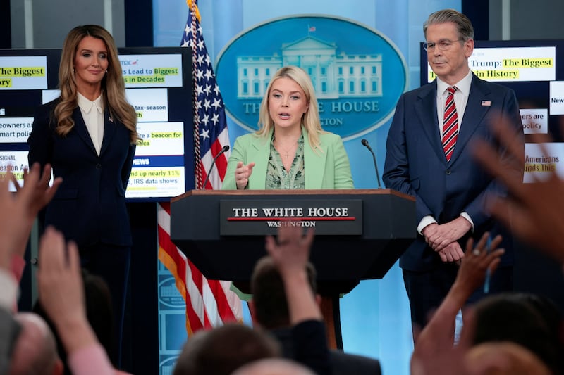 White House Press Secretary Karoline Leavitt takes questions from the media next to U.S. Treasury Secretary Scott Bessent and Small Business Administrator Kelly Loeffler during a press briefing in the James S. Brady Press Briefing Room at the White House in Washington, D.C., U.S., April 15, 2026.