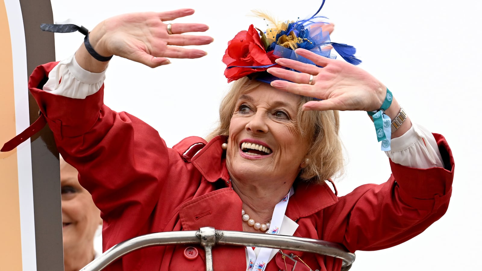 Dame Esther Rantzen rides a bus during the 2022 Platinum Pageant in London.