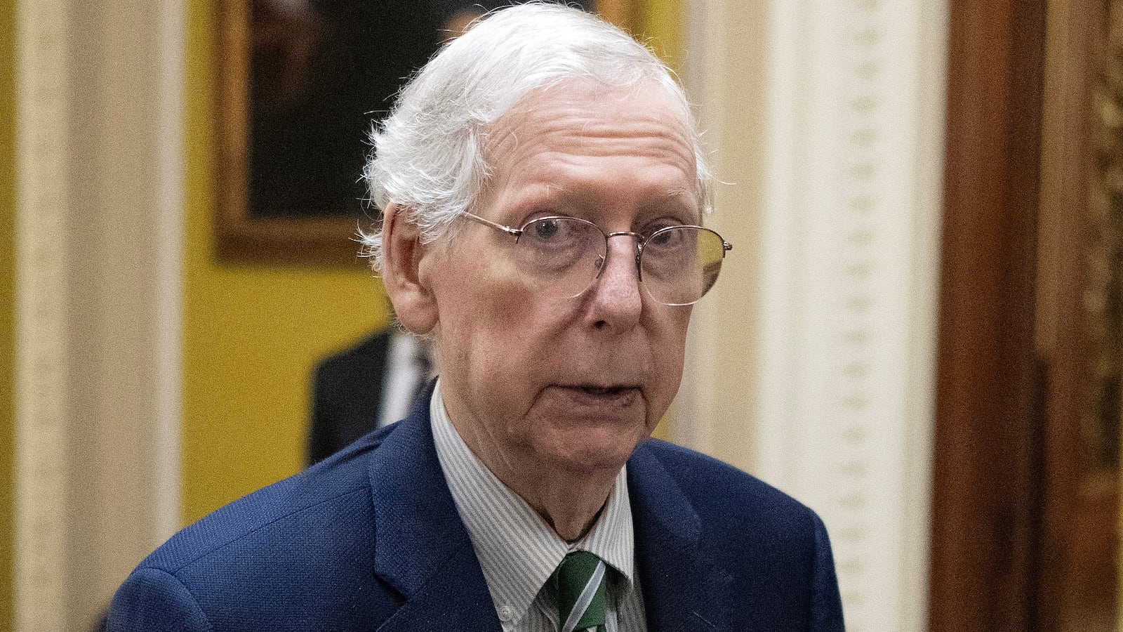 Then-Senate Minority Leader Mitch McConnell (R-KY) speaks to the press after voting on the continuing resolution passed by the House earlier in the day on Capitol Hill in Washington, DC on September 30, 2023. Last-ditch moves to prevent a government shutdown took a dramatic step forward September 30, 2023, as Democrats overwhelmingly backed an eleventh-hour Republican measure to keep federal funding going for 45 days, albeit with a freeze on aid to Ukraine.