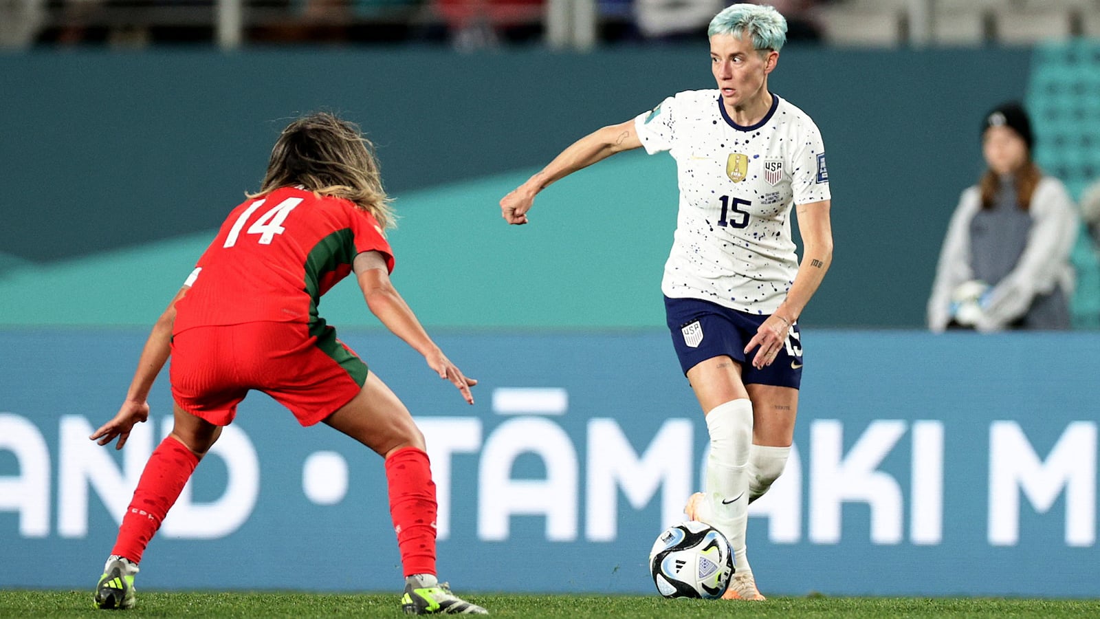 Megan Rapinoe of the USWNT in action with Portugal’s Dolores Silva at the FIFA Women’s World Cup in Auckland, New Zealand.
