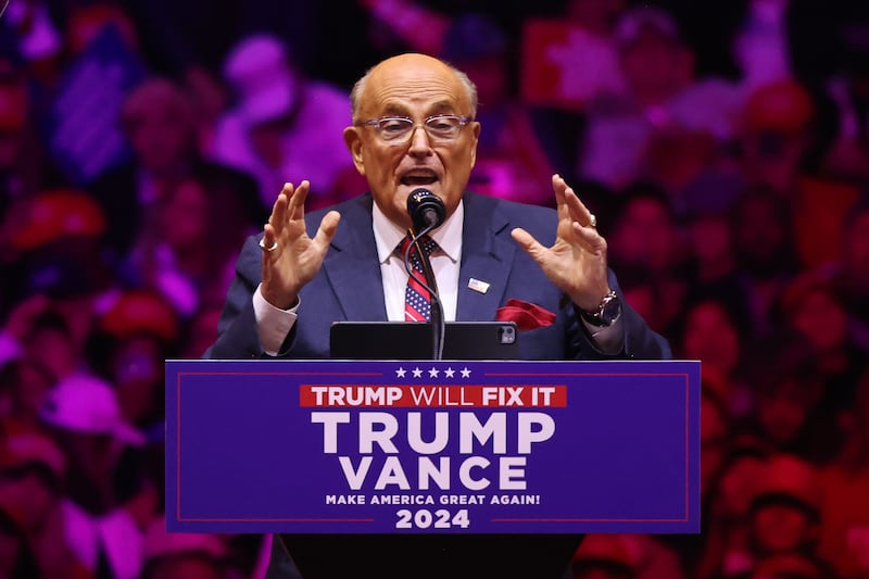 NEW YORK, NEW YORK - OCTOBER 27: Rudy Giuliani, former Mayor of New York City, speaks prior to Republican presidential nominee, former U.S. President Donald Trump taking the state at a campaign rally at Madison Square Garden on October 27, 2024 in New York City. Trump closed out his weekend of campaigning in NYC with a guest list of speakers that includes his running mate Republican vice presidential nominee, Sen. J.D. Vance (R-OH), Tesla CEO Elon Musk, UFC CEO Dana White, and House Speaker Mike Johnson (R-LA), among others, nine days before Election Day.  (Photo by Michael M. Santiago/Getty Images)