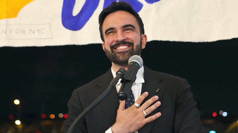 New York mayoral candidate State Rep. Zohran Mamdani (D-NY) speaks to supporters during an election night gathering.