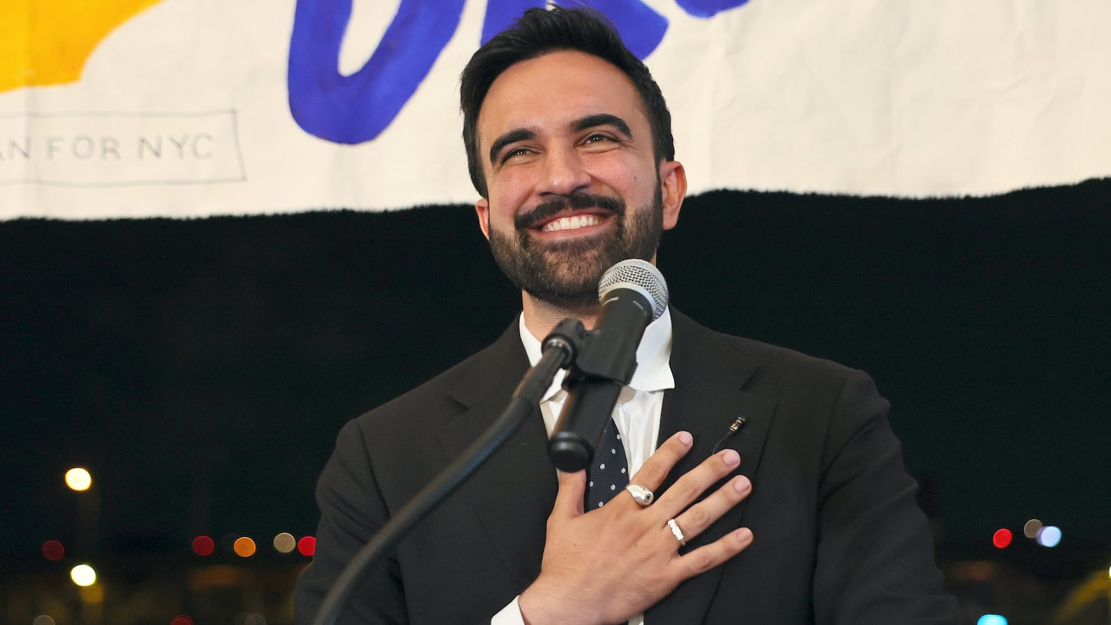 New York mayoral candidate State Rep. Zohran Mamdani (D-NY) speaks to supporters during an election night gathering.
