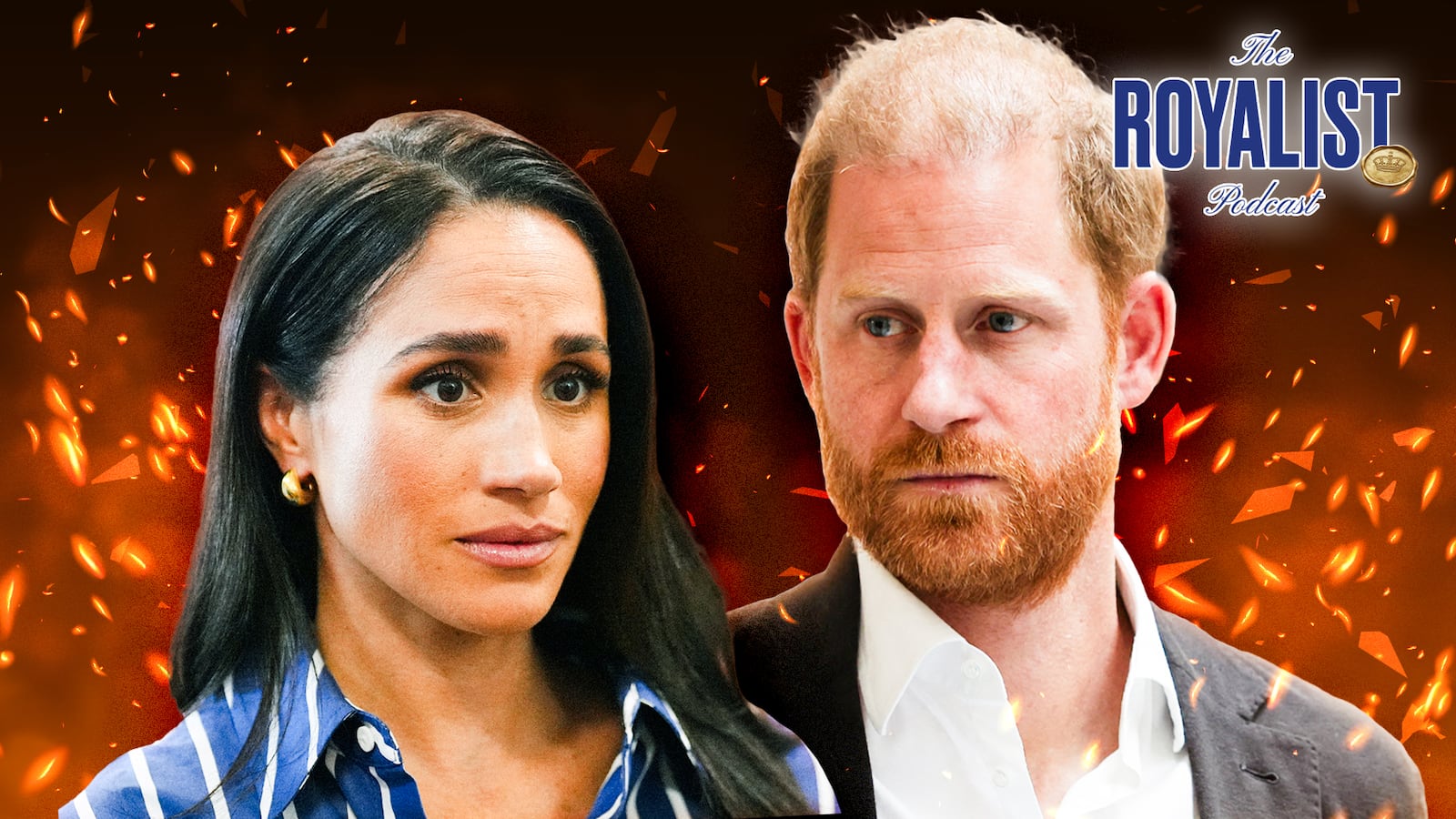 A photo illustration of Meghan Markle and Prince Harry for The Royalist podcast.