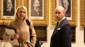 WASHINGTON, DC - MARCH 01: Executive assistant to the President Natalie Harp and U.S Homeland Security Advisor and White House Deputy Chief of Staff Stephen Miller return to the White House on March 01, 2026 in Washington, DC. On Saturday, President Trump announced that the United States and Israel had launched strikes on Iran targeting political and military leaders, as well as Iran's ballistic missile and nuclear programs. (Photo by Tasos Katopodis/Getty Images)