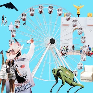 A photo illustration collage of Donald Trump's Great American State Fair for America's 250th anniversary, the Semiquincentennial.