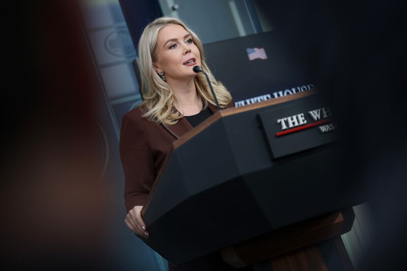 WASHINGTON, DC - NOVEMBER 12: White House Press Secretary Karoline Leavitt speaks during the daily press briefing in the Brady Press Briefing Room at the White House on November 12, 2025 in Washington, DC. Leavitt discussed the federal government shutdown and new emails released by Congress regarding Jeffrey Epstein, among other topics. (Photo by Win McNamee/Getty Images)