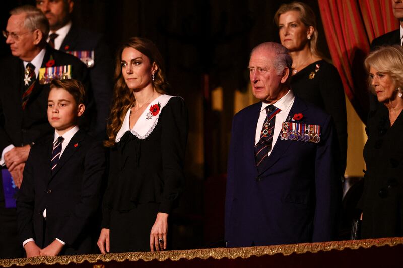 (L-R) Britain's Prince George of Wales, Britain's Catherine, Princess of Wales, Britain's King Charles III and Britain's Queen Camilla attend The Royal British Legion Festival of Remembrance event at the Royal Albert Hall, in London, on November 8, 2025 ahead of Remembrance Day commemorations. (Photo by Jack Taylor / POOL / AFP) (Photo by JACK TAYLOR/POOL/AFP via Getty Images)