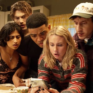 FX's Adults -- Ep. 204 -- Pictured: (l-r) Amita Rao as Issa, Jack Innanen as Paul Baker, Owen Thiele as Anton, Lucy Freyer as Billie,  Malik Elassal as Samir.. CR: Michael Gibson/FX