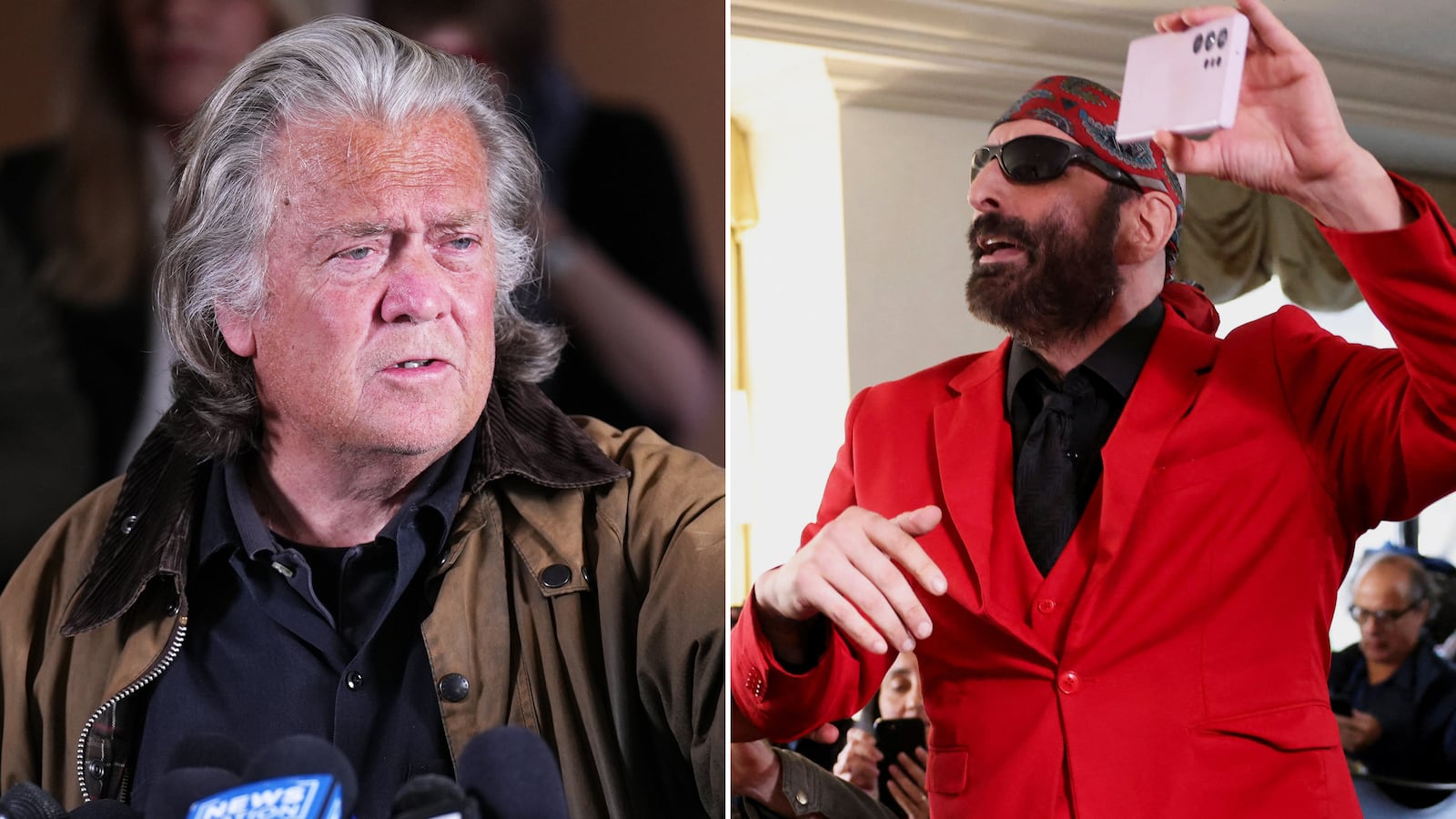 A photo composite of Steve Bannon and a heckler during his press conference following his release from federal prison.