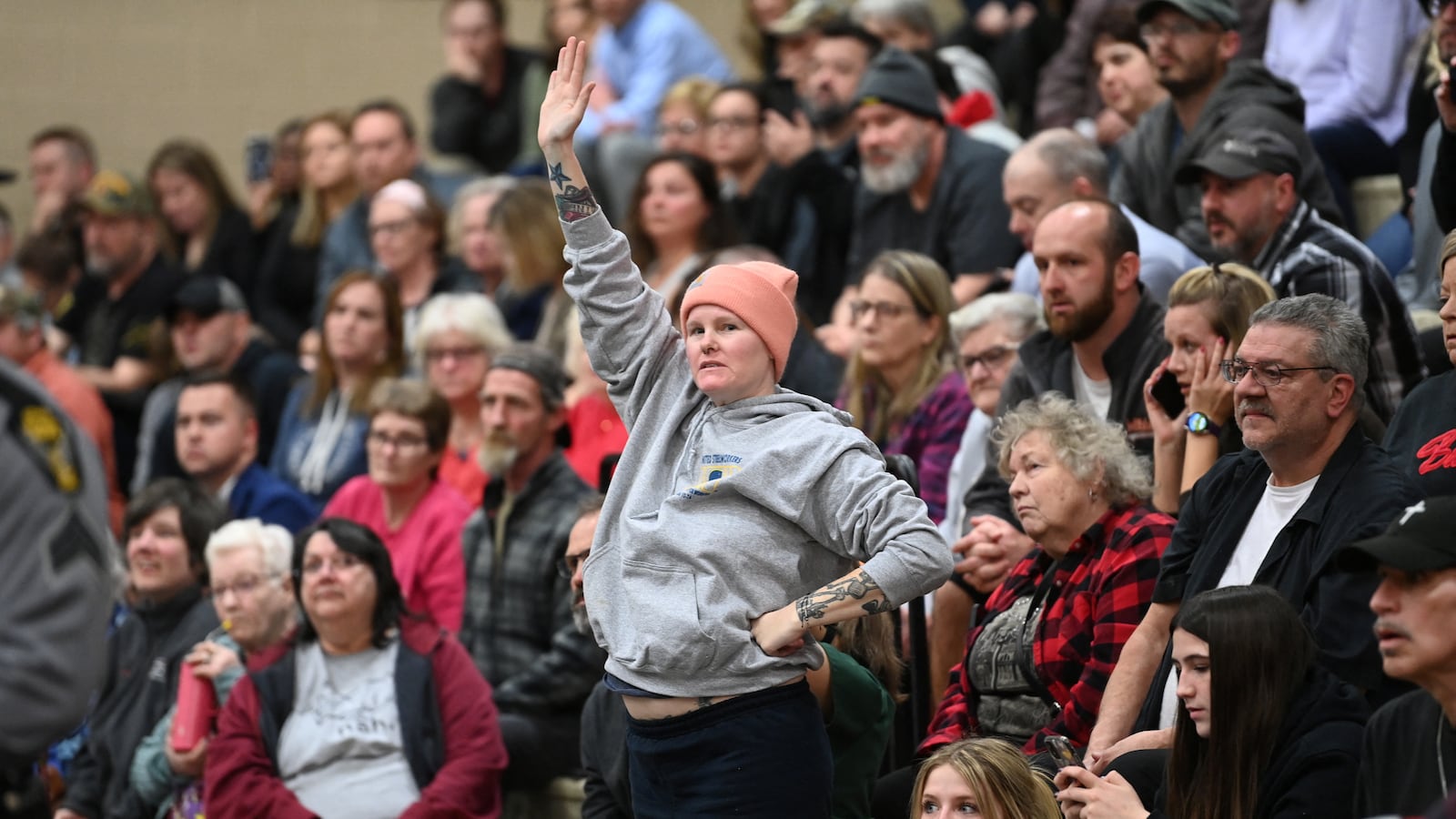 Members of the community gather to discuss their safety and other environmental concerns at a town hall meeting following a train derailment that spilled toxic chemicals, in East Palestine, Ohio, U.S., February 15, 2023.